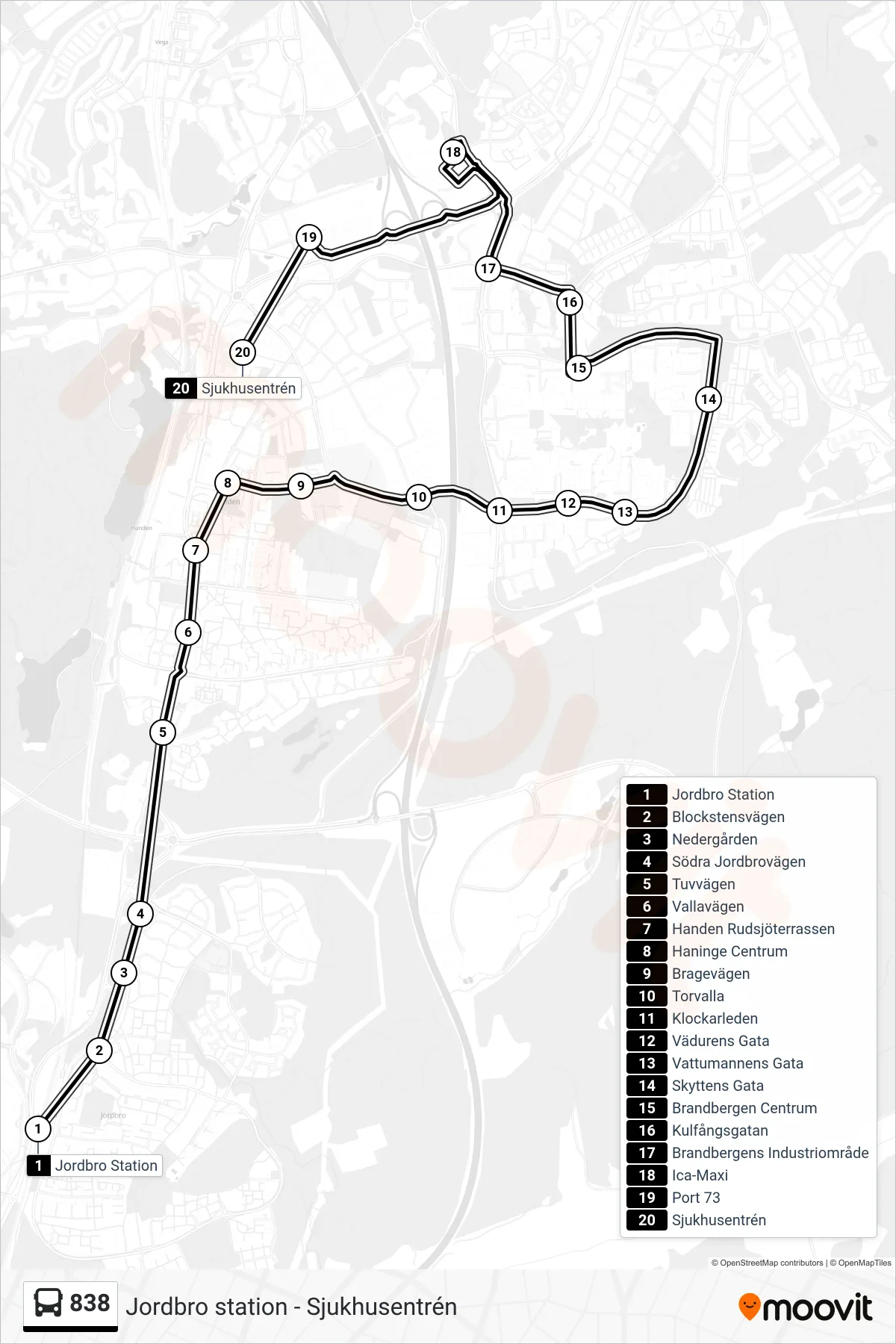 Rutt och hållplatser på karta för linje 838  buss, (Sjukhusentrén)