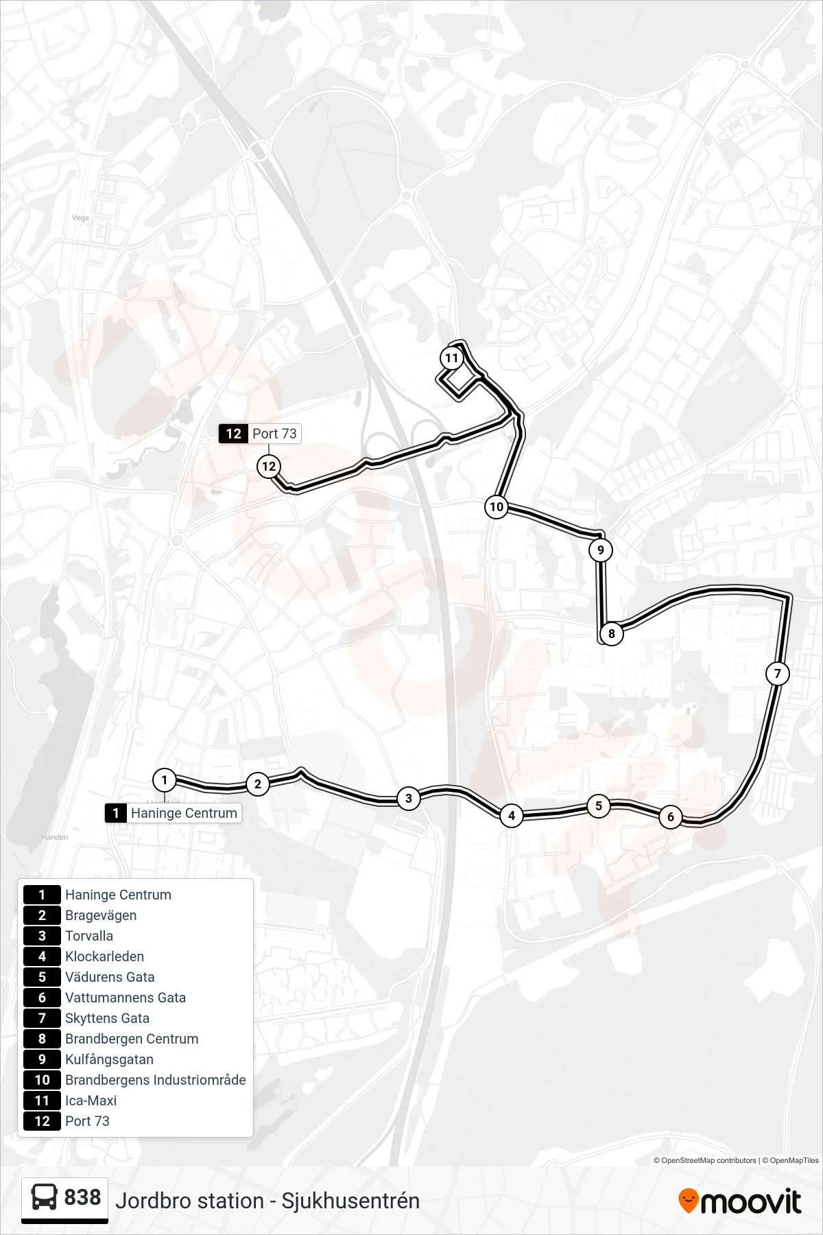 Rutt och hållplatser på karta för linje 838 buss, (Port 73)