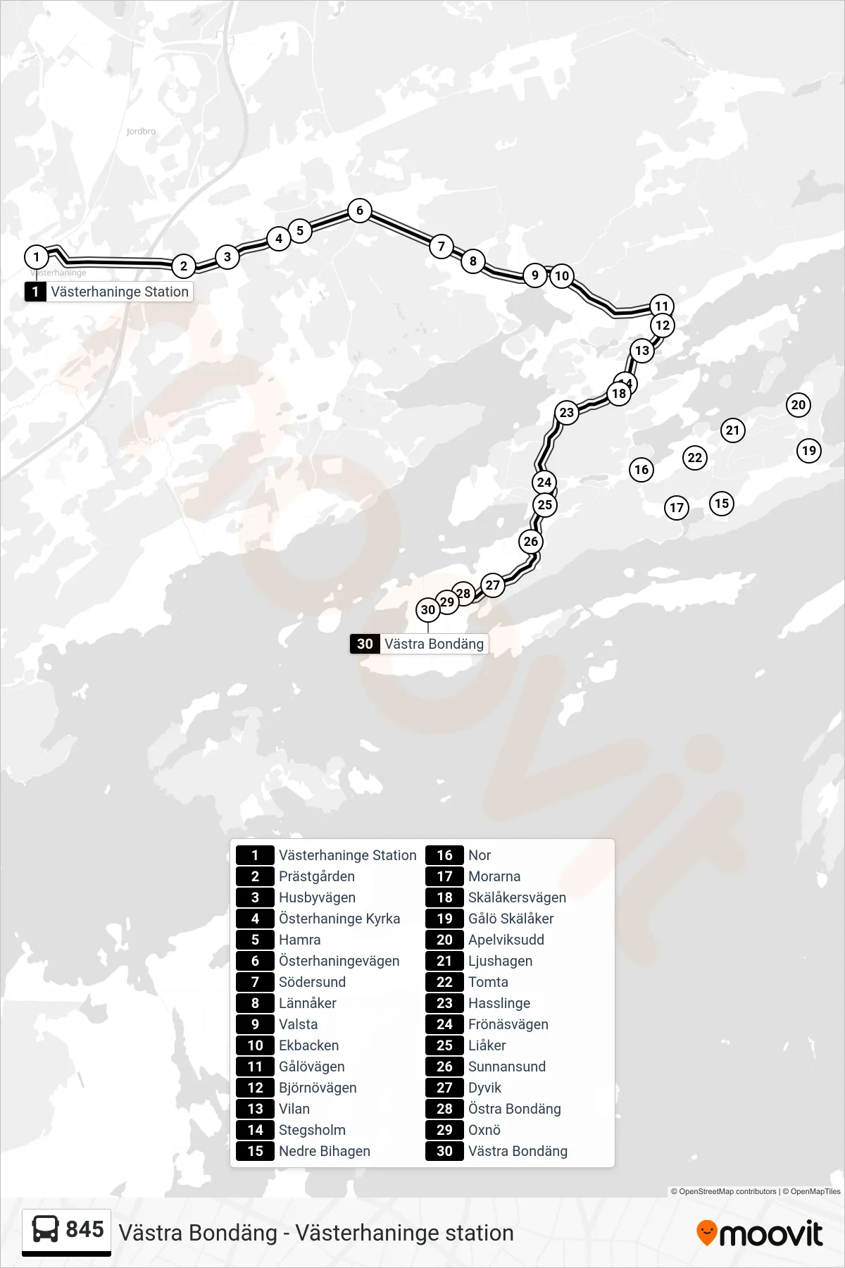 Rutt och hållplatser på karta för linje 845  buss, (Västra Bondäng)