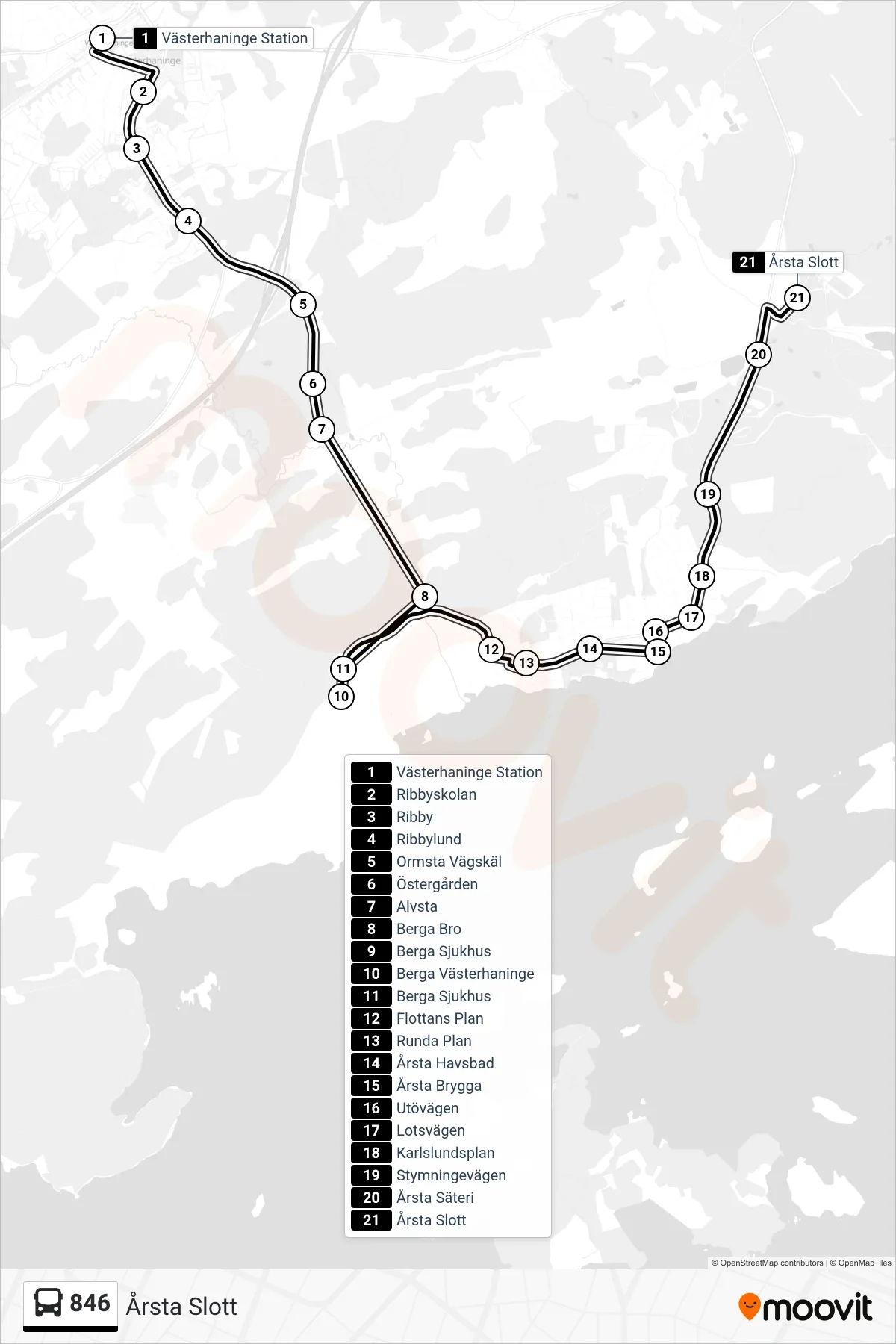 Rutt och hållplatser på karta för linje 846  buss, (Årsta Slott)