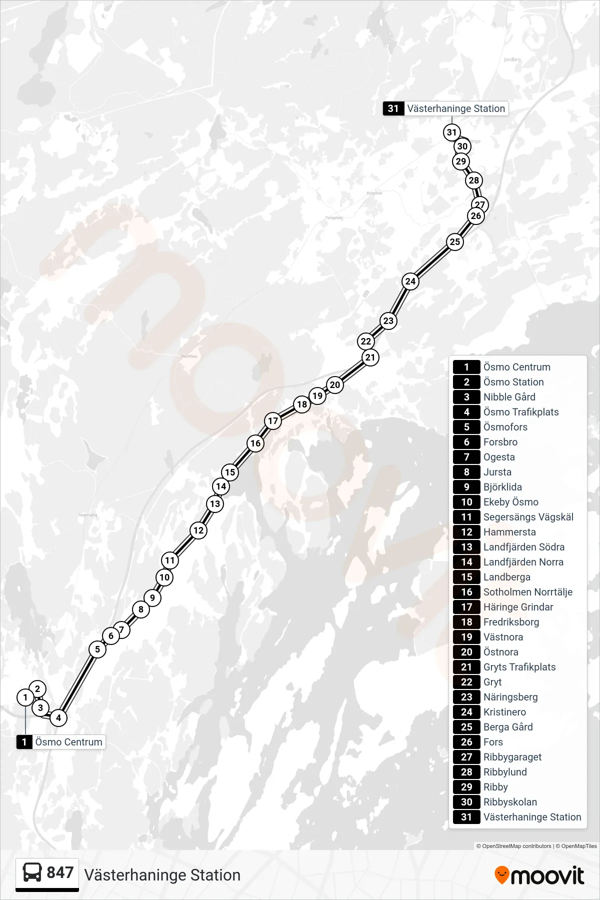 Rutt och hållplatser på karta för linje 847 buss, (Västerhaninge Station)
