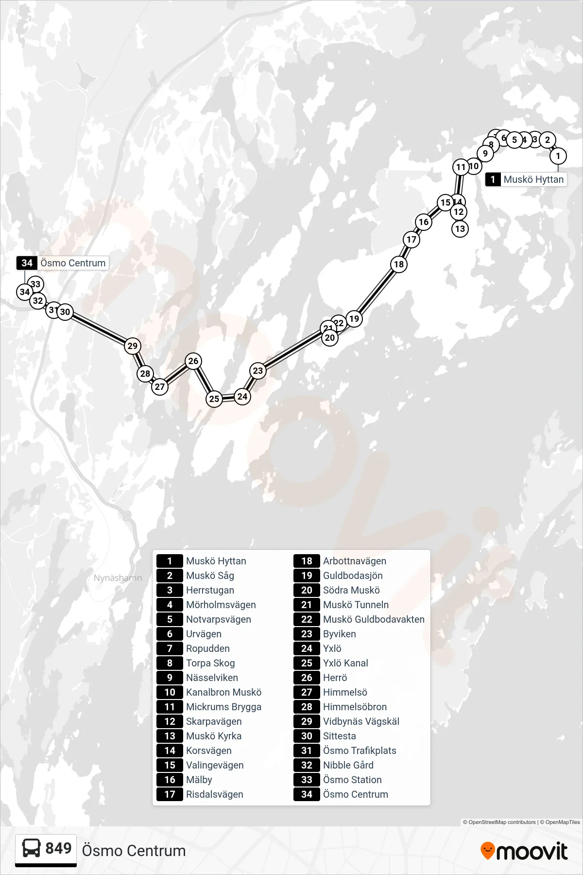 Rutt och hållplatser på karta för linje 849  buss, (Ösmo Centrum)