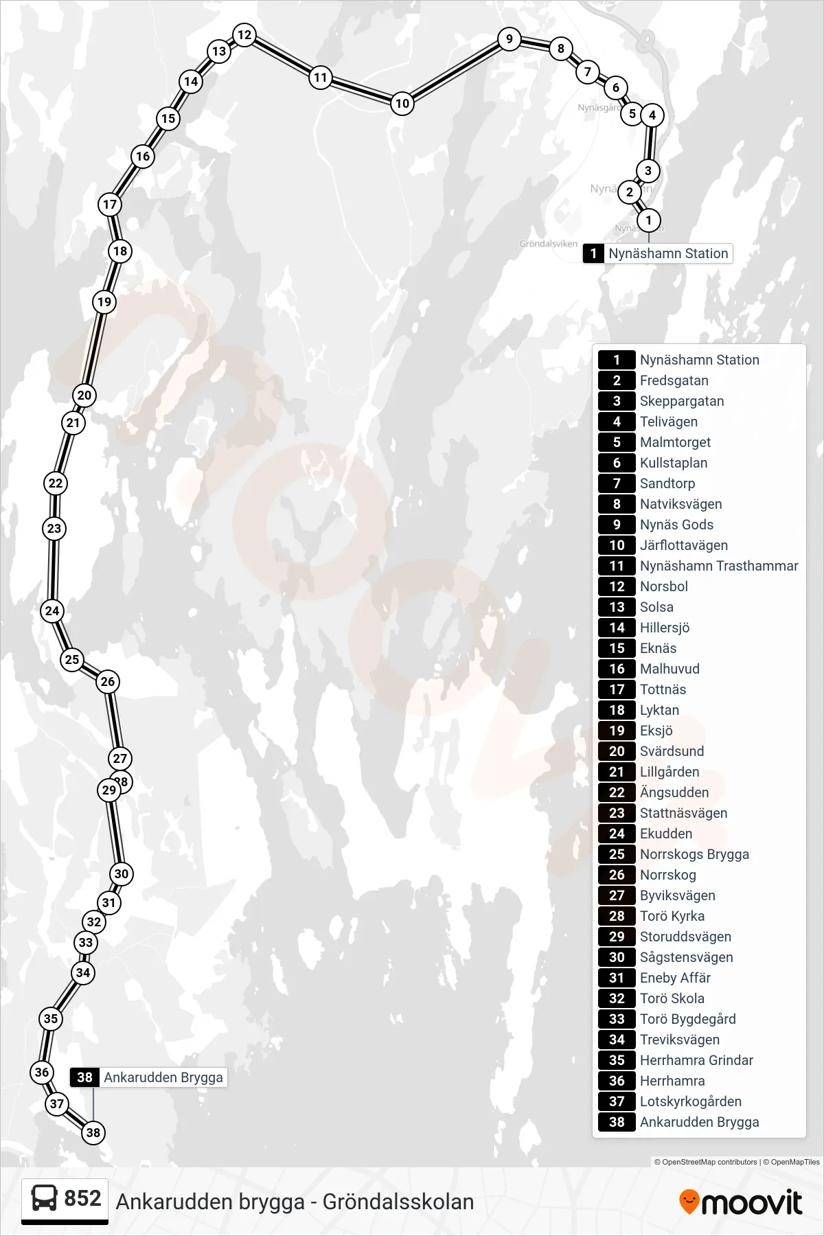 Rutt och hållplatser på karta för linje 852  buss, (Ankarudden Brygga)