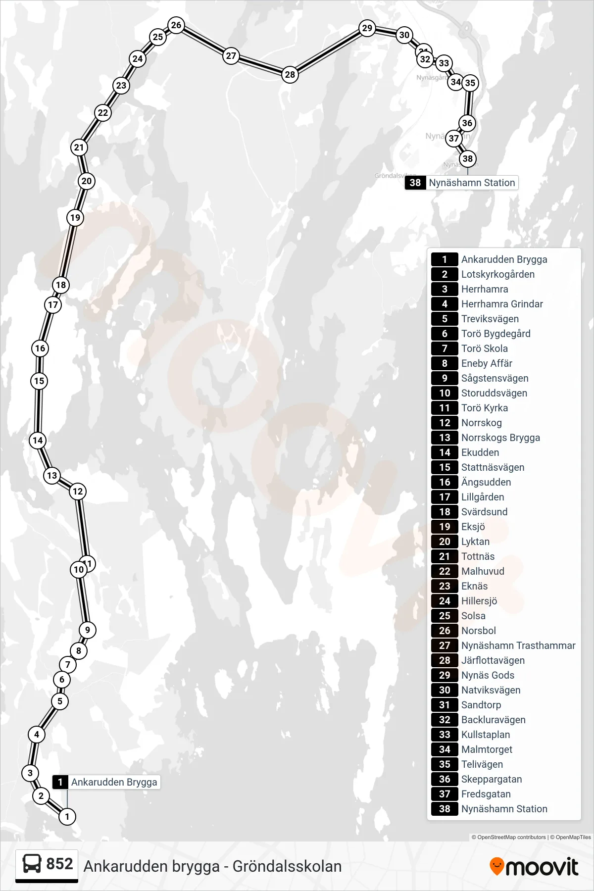 Rutt och hållplatser på karta för linje 852  buss, (Nynäshamn Station)