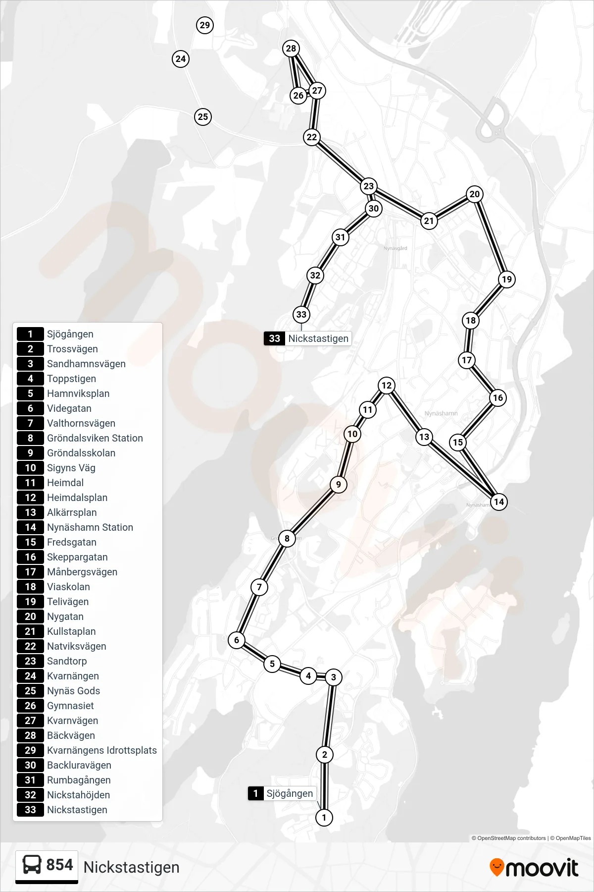 Rutt och hållplatser på karta för linje 854 buss, (Nickstastigen)