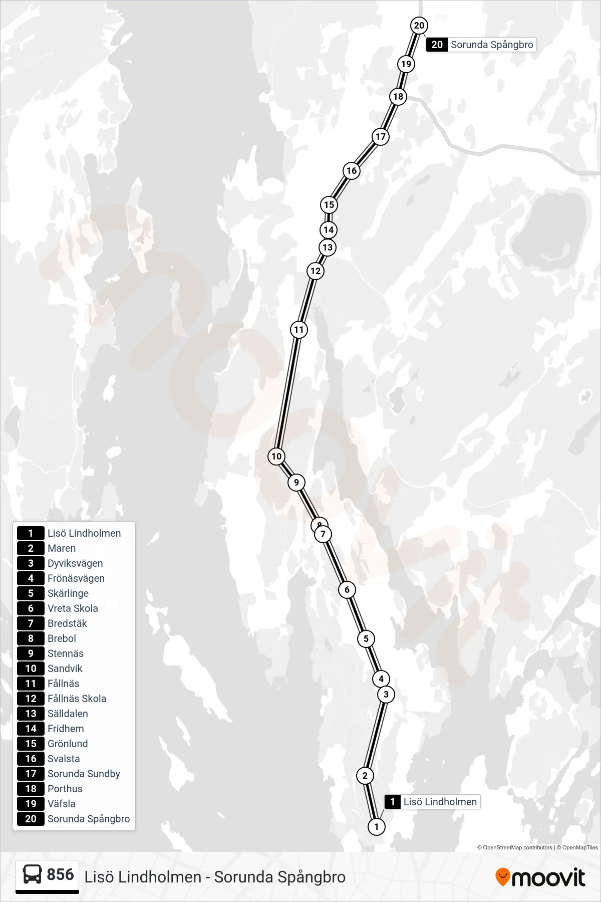 Rutt och hållplatser på karta för linje 856 buss, (Sorunda Spångbro)