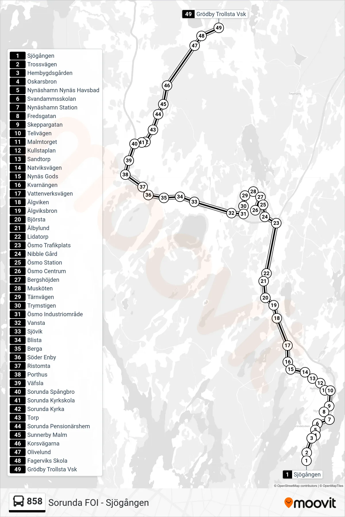Rutt och hållplatser på karta för linje 858  buss, (Grödby Trollsta Vsk)