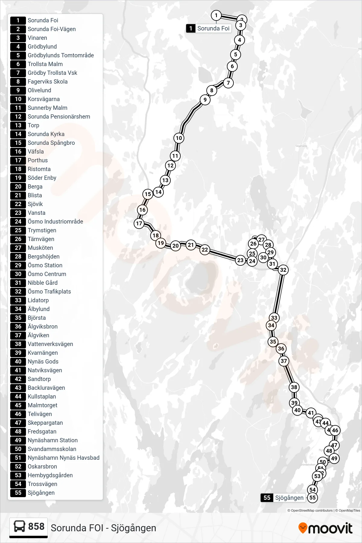 Rutt och hållplatser på karta för linje 858  buss, (Sjögången)