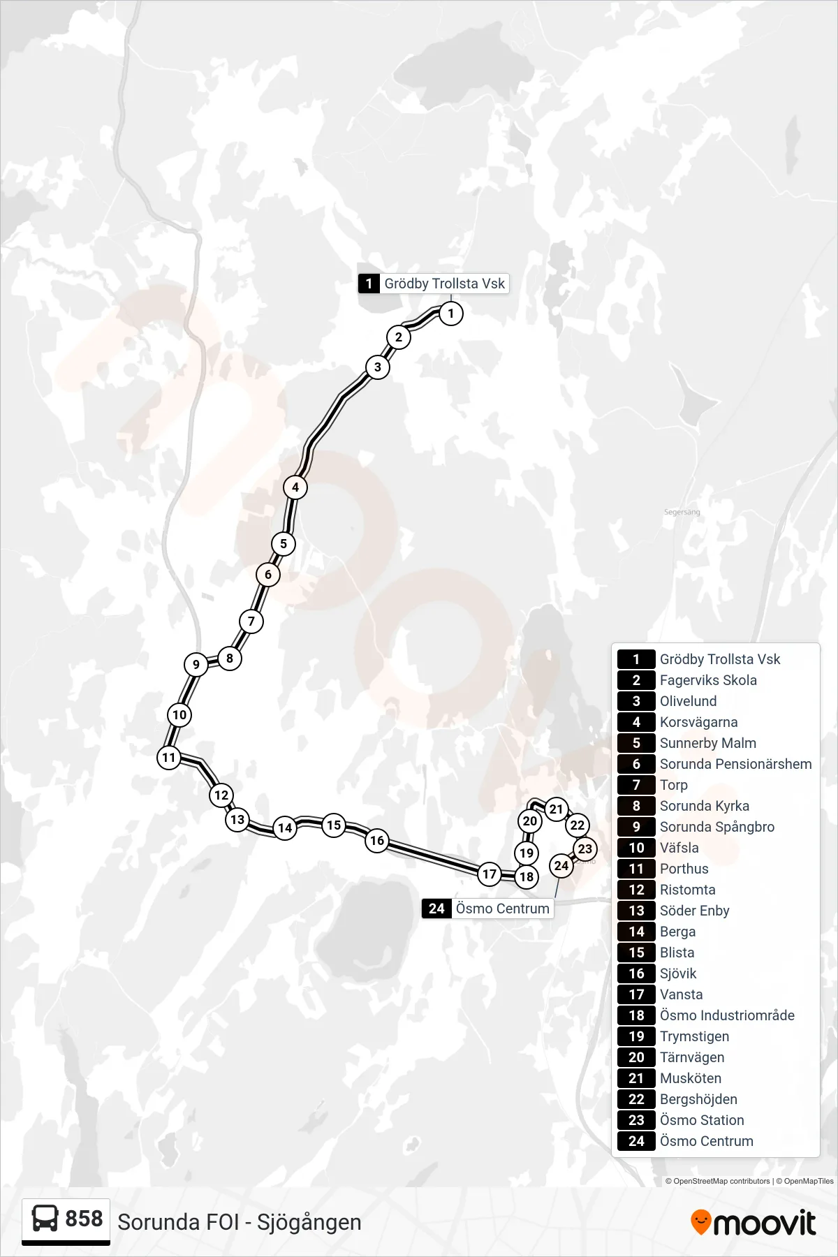 Rutt och hållplatser på karta för linje 858 buss, (Ösmo Centrum)