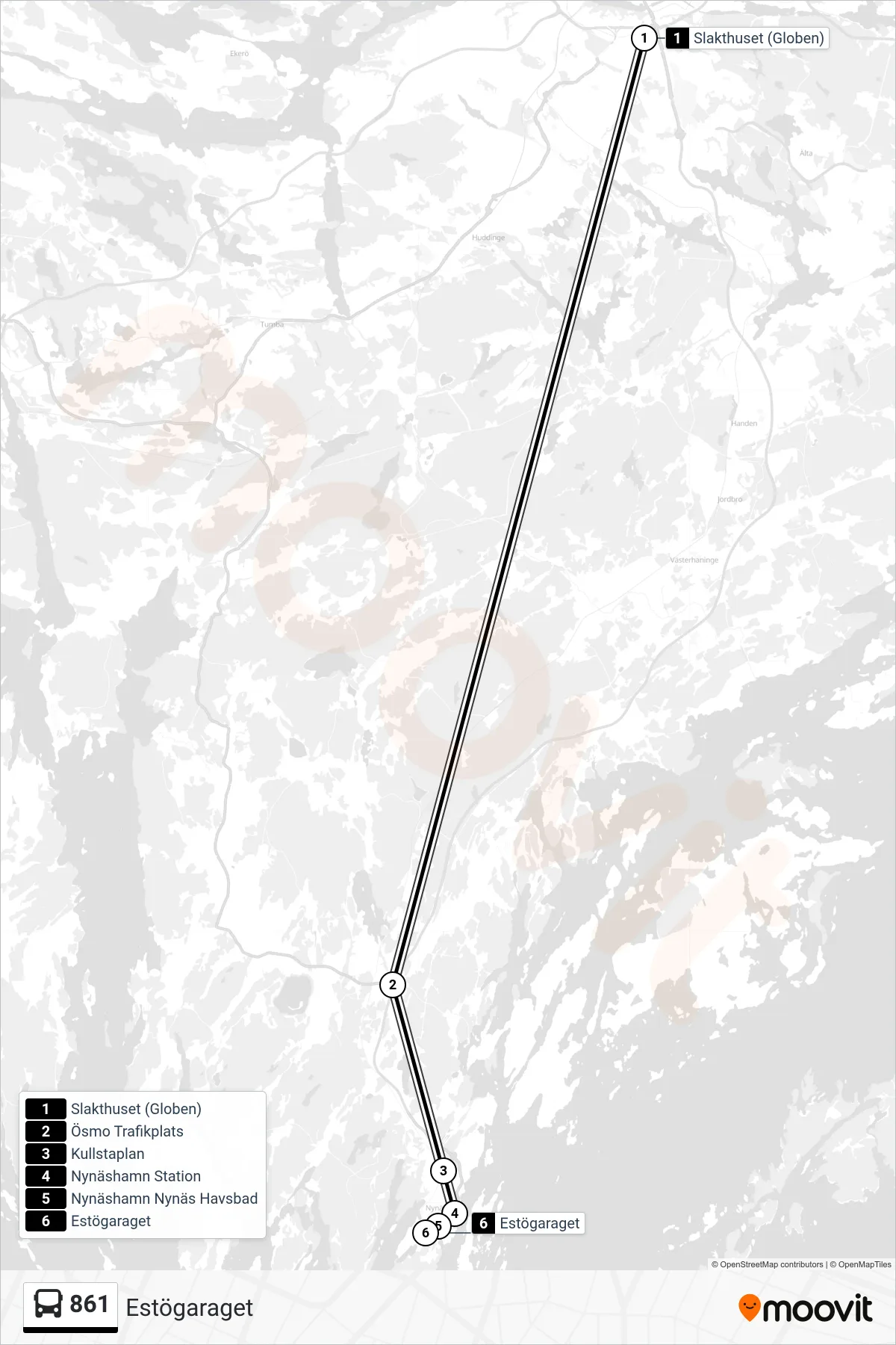 Rutt och hållplatser på karta för linje 861 buss, (Estögaraget)