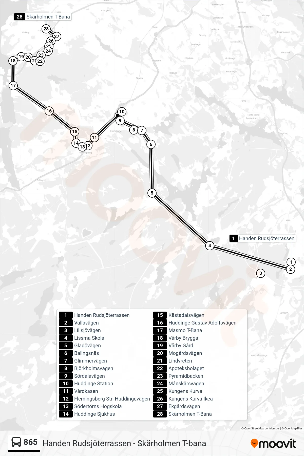 Rutt och hållplatser på karta för linje 865  buss, (Skärholmen T-Bana)