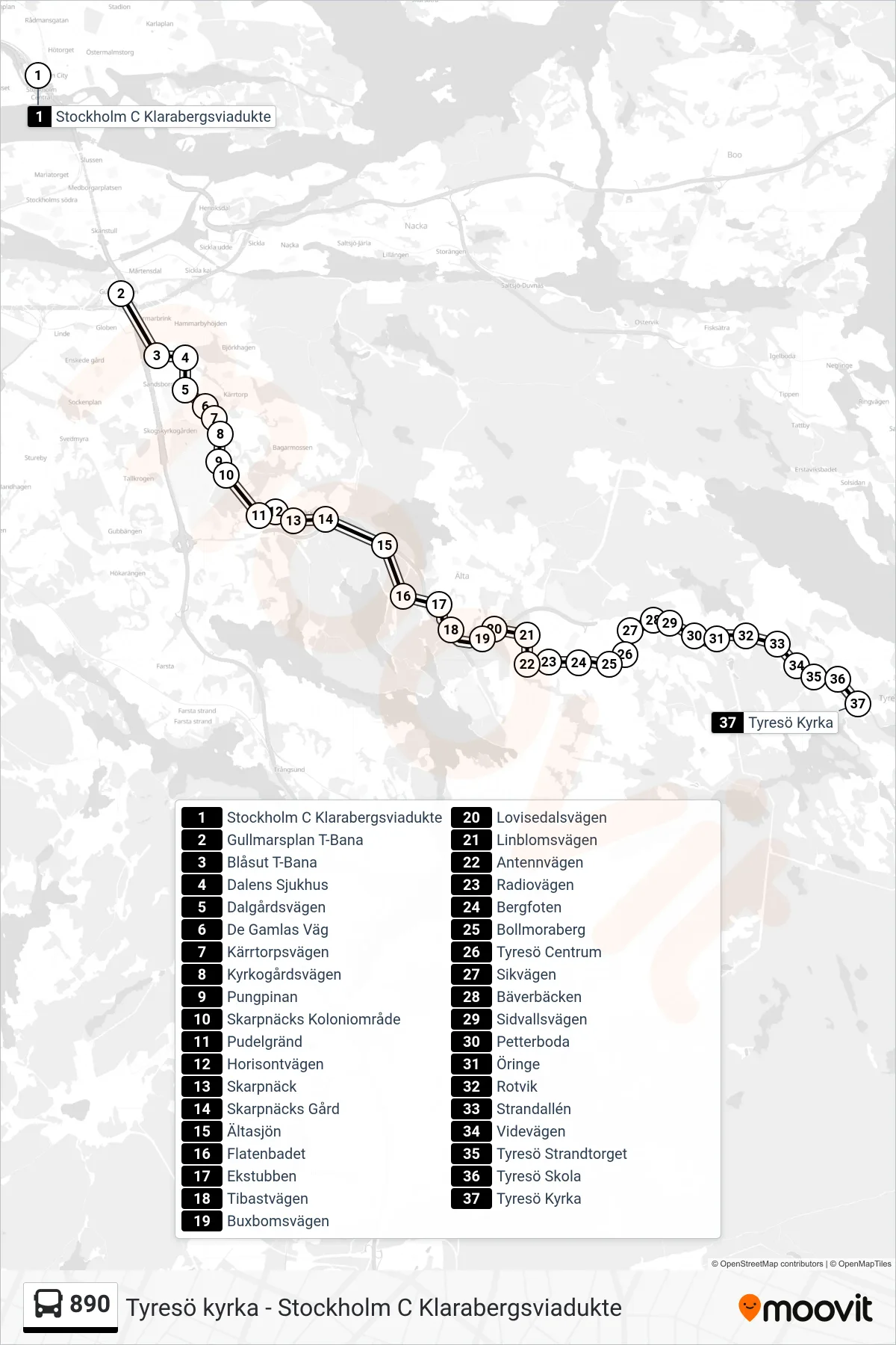 Rutt och hållplatser på karta för linje 890 buss, (Tyresö Kyrka)
