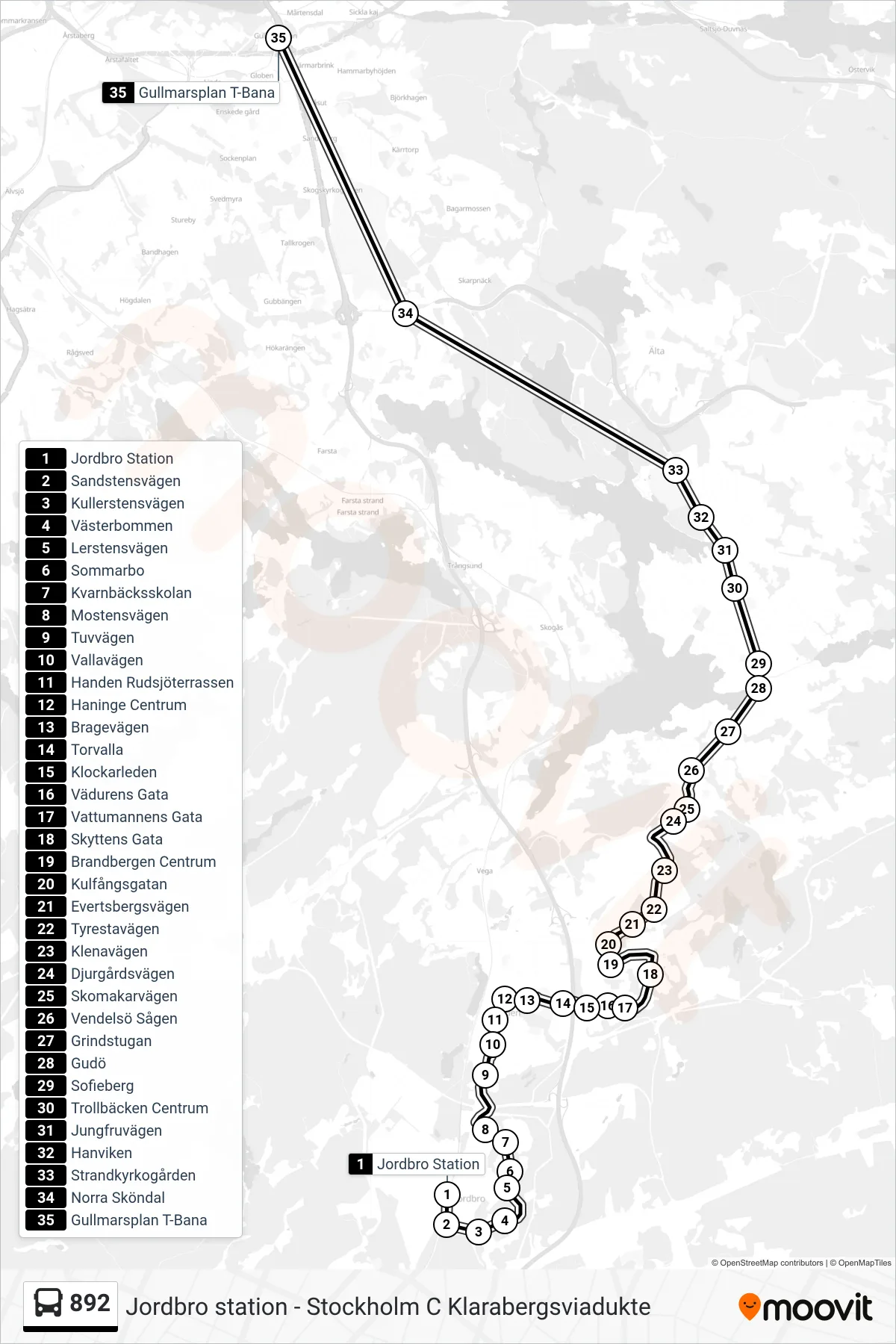 Rutt och hållplatser på karta för linje 892  buss, (Gullmarsplan T-Bana)