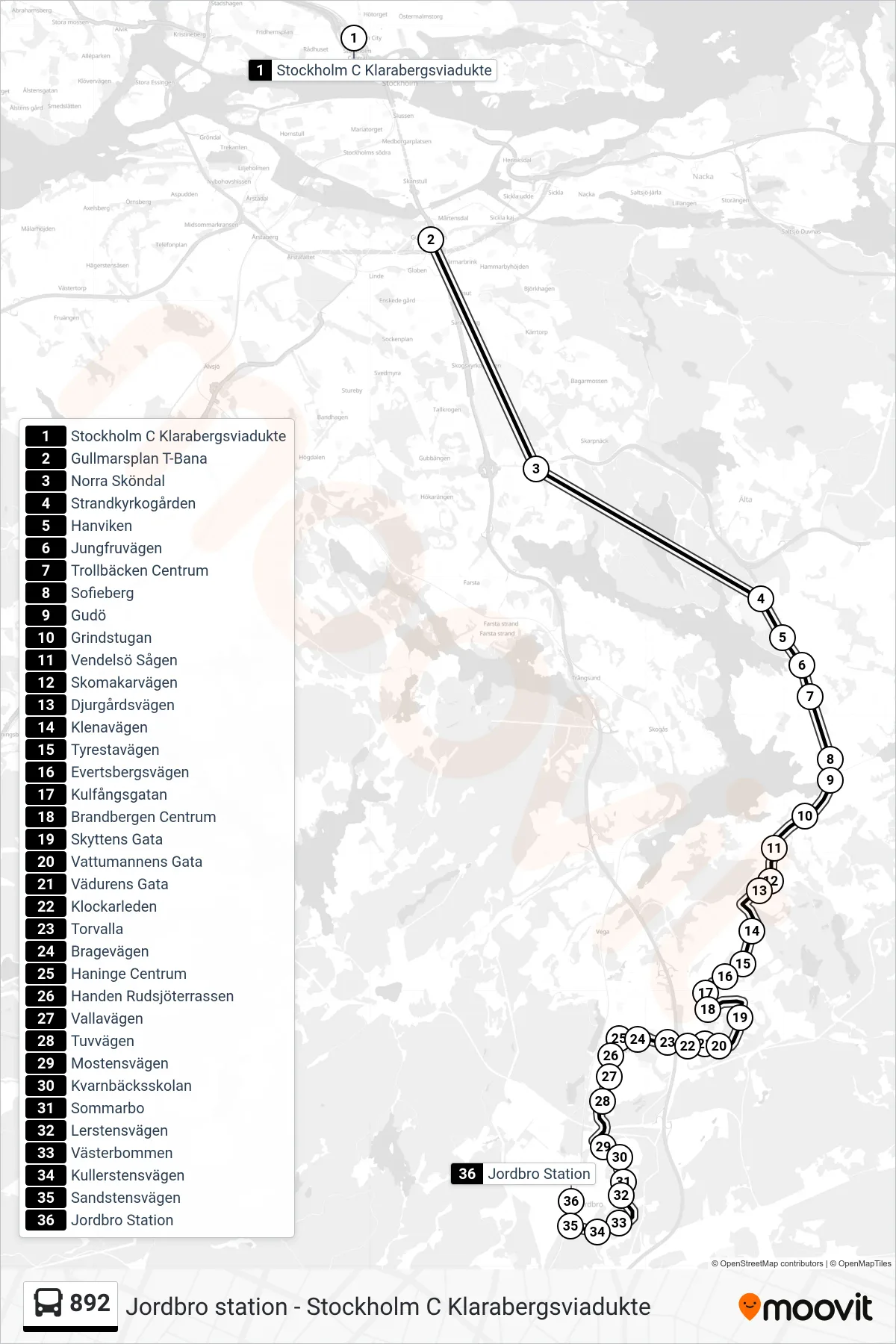 Rutt och hållplatser på karta för linje 892 buss, (Jordbro Station)