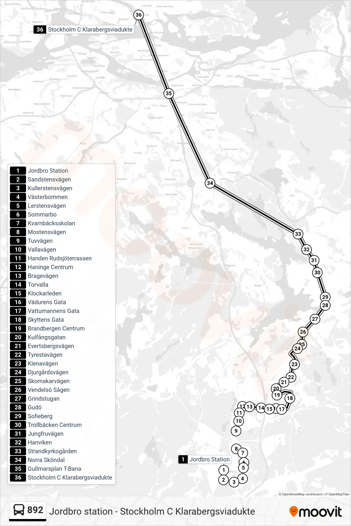 Rutt och hållplatser på karta för linje 892  buss, (Stockholm C Klarabergsviadukte)
