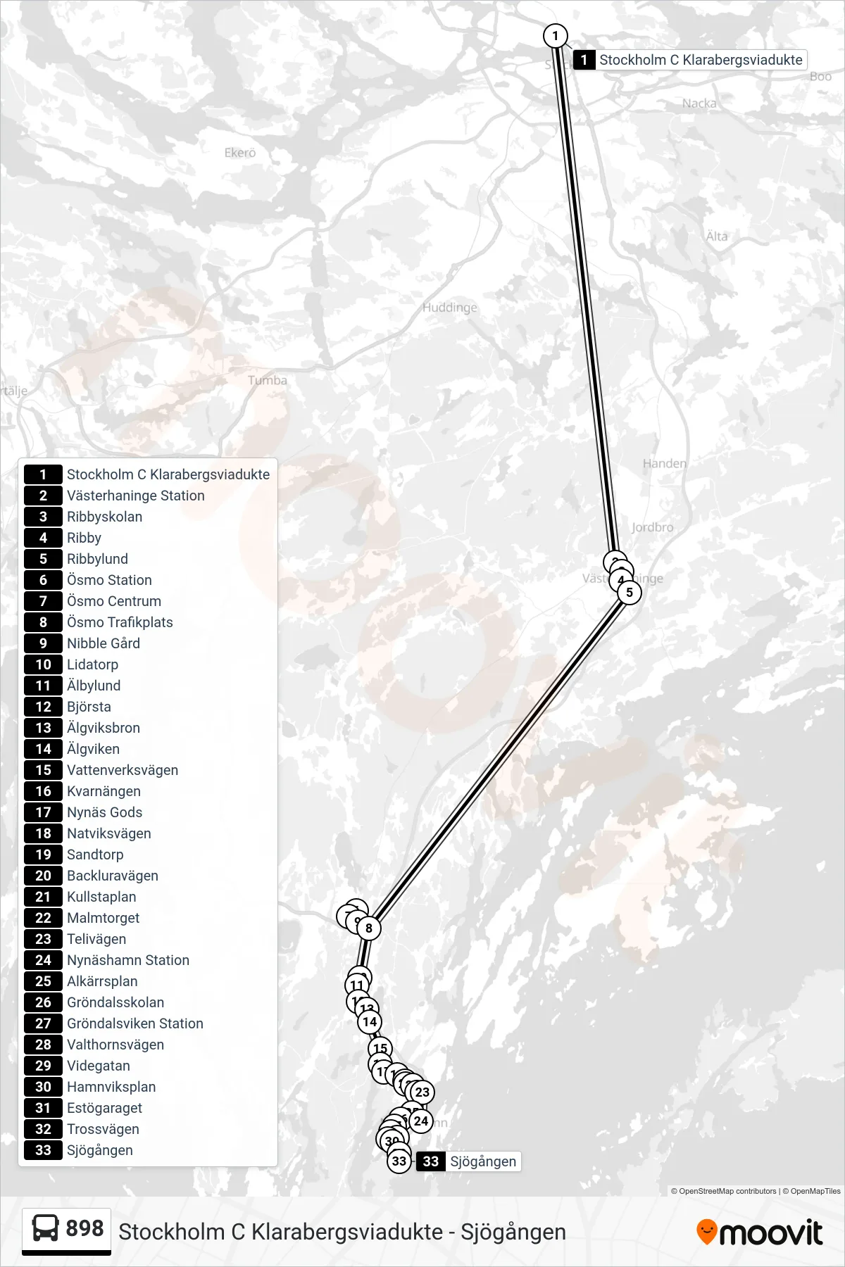 Rutt och hållplatser på karta för linje 898  buss, (Sjögången)
