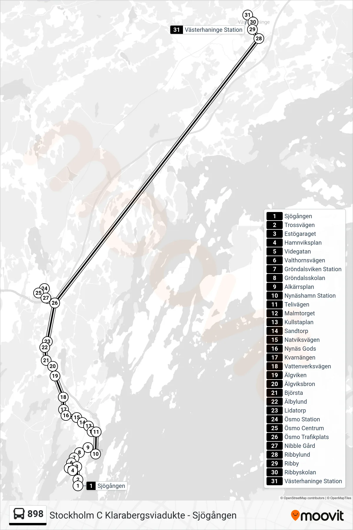 Rutt och hållplatser på karta för linje 898 buss, (Västerhaninge Station)