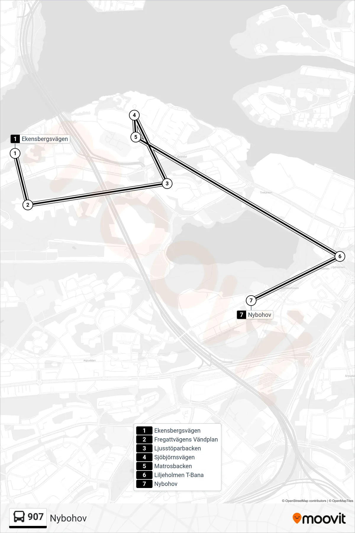 Rutt och hållplatser på karta för linje 907  buss, (Nybohov)