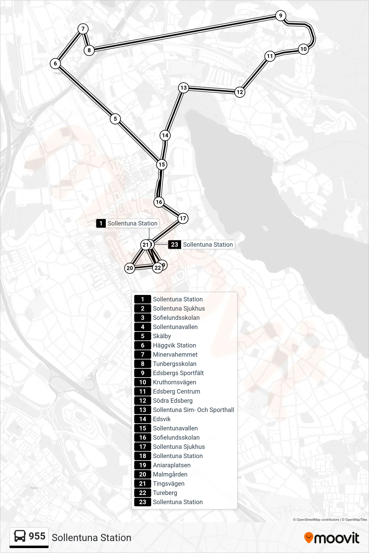 Rutt och hållplatser på karta för linje 955 buss, (Sollentuna Station)