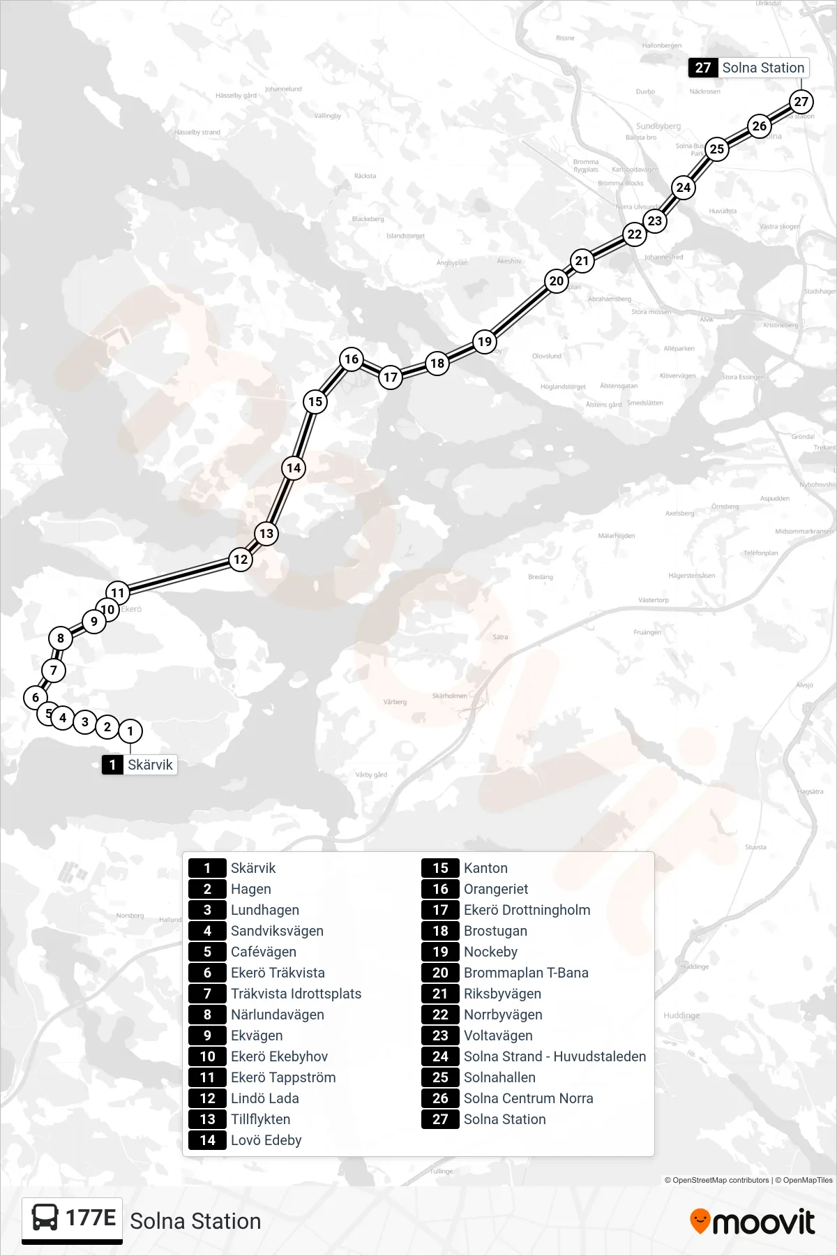 Rutt och hållplatser på karta för linje 177E  buss, (Solna Station)