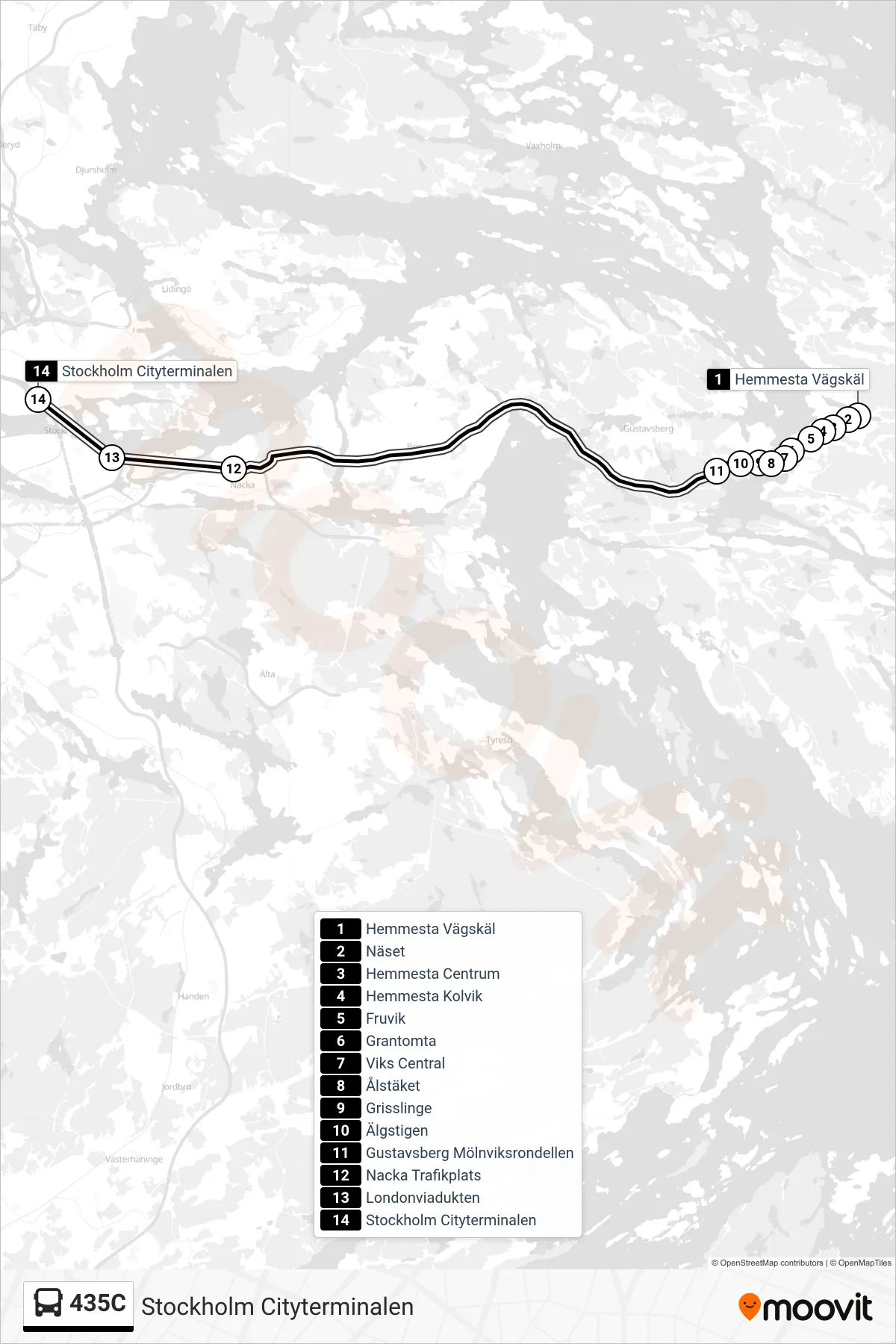 Rutt och hållplatser på karta för linje 435C  buss, (Stockholm Cityterminalen)