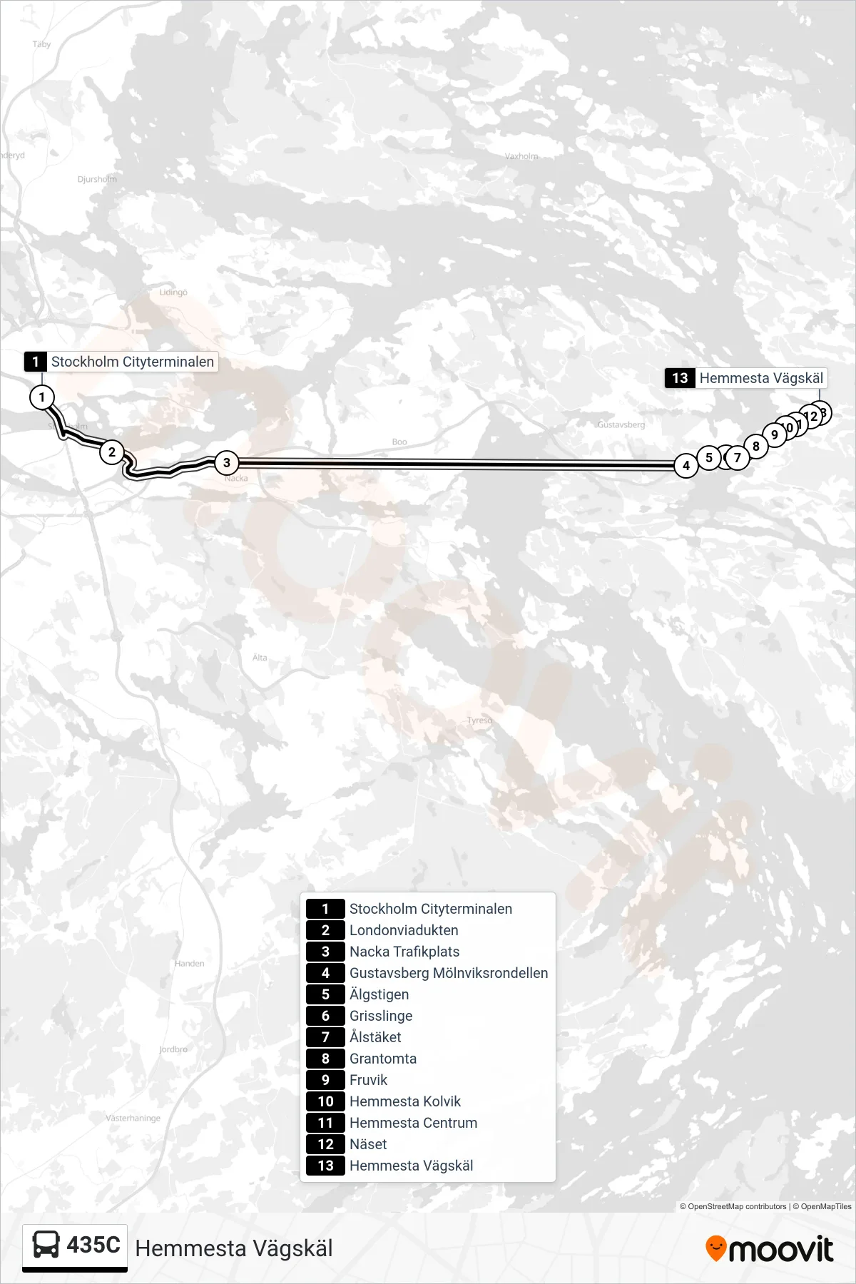 Rutt och hållplatser på karta för linje 435C buss, (Hemmesta Vägskäl)