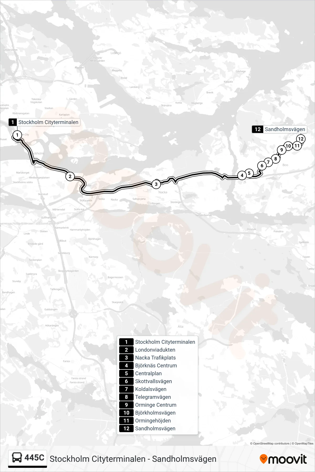 Rutt och hållplatser på karta för linje 445C buss, (Sandholmsvägen)