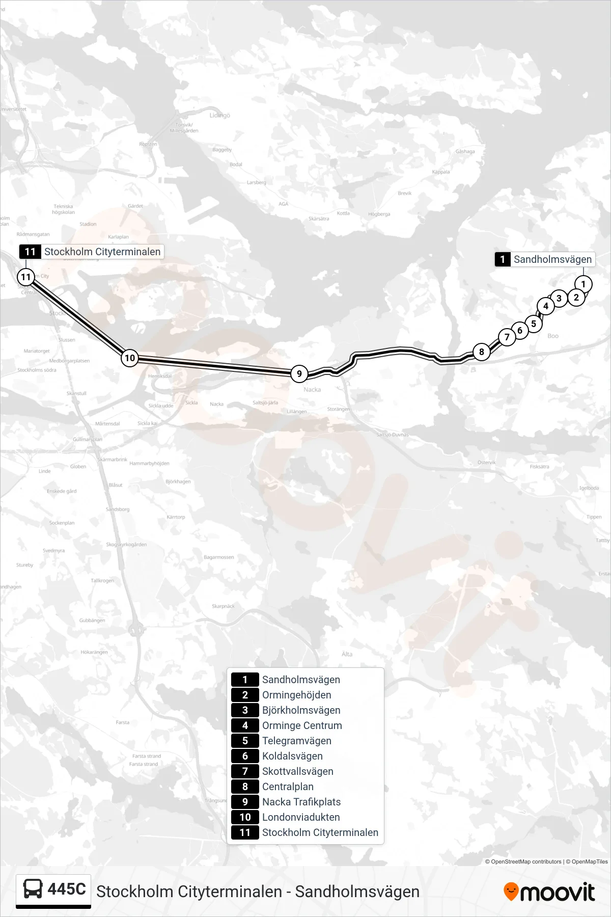 Rutt och hållplatser på karta för linje 445C  buss, (Stockholm Cityterminalen)
