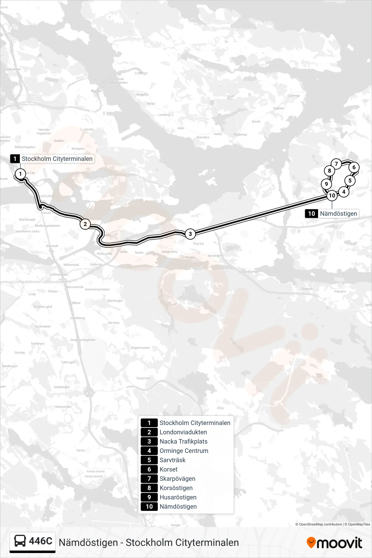 Rutt och hållplatser på karta för linje 446C buss, (Nämdöstigen)