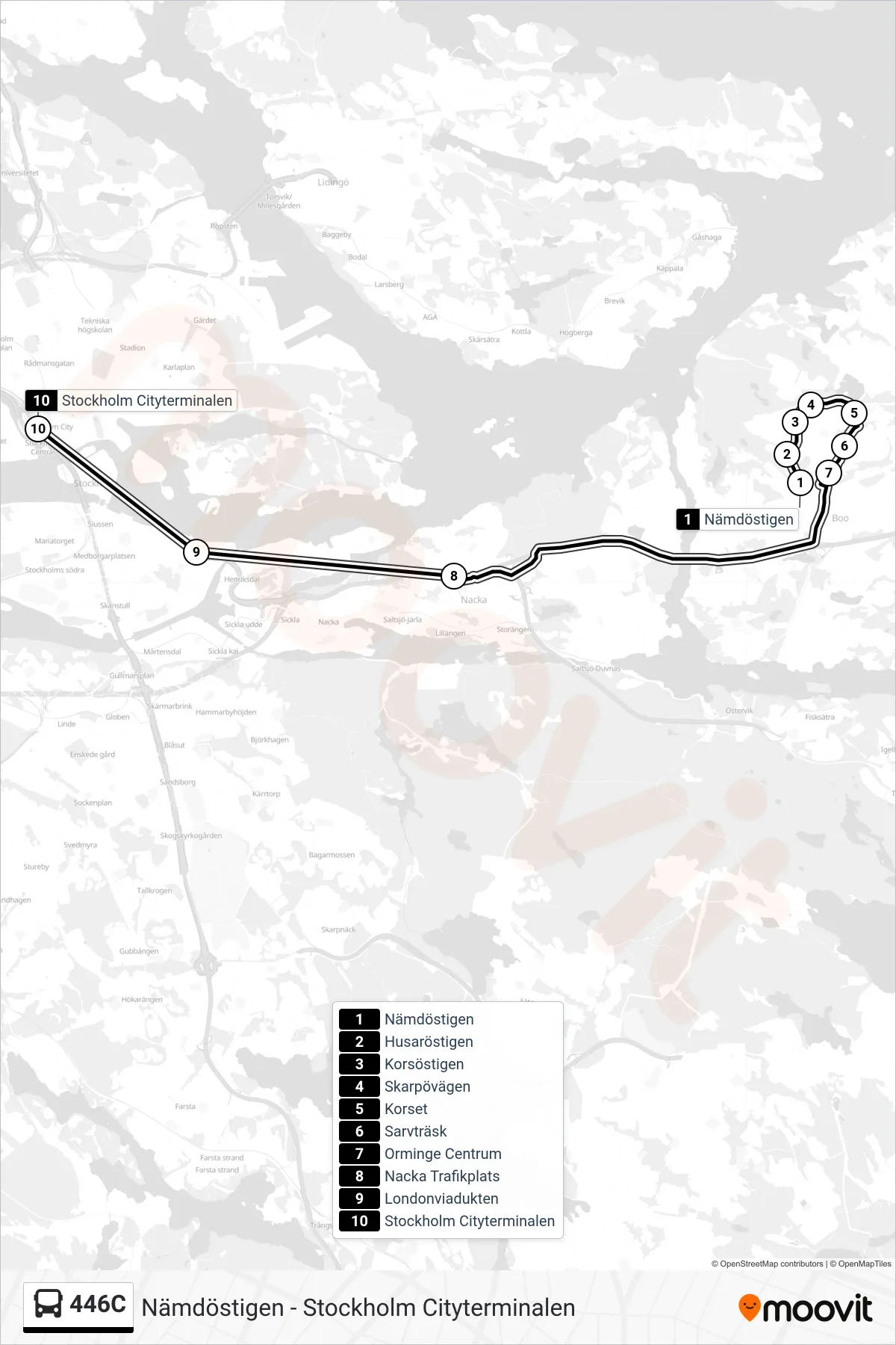 Rutt och hållplatser på karta för linje 446C buss, (Stockholm Cityterminalen)