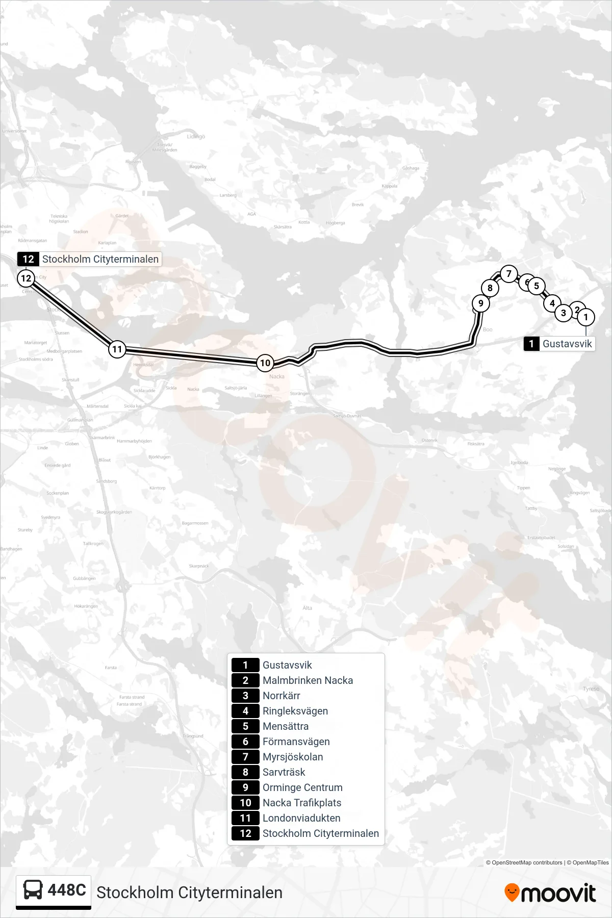Rutt och hållplatser på karta för linje 448C buss, (Stockholm Cityterminalen)