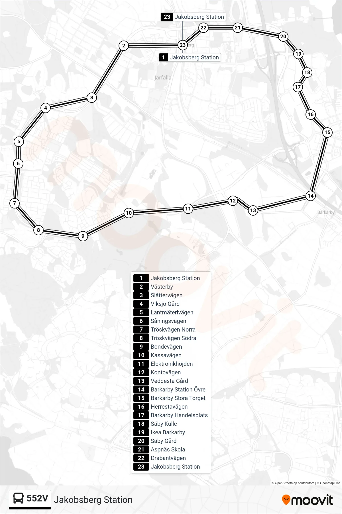 Rutt och hållplatser på karta för linje 552V buss, (Jakobsberg Station)