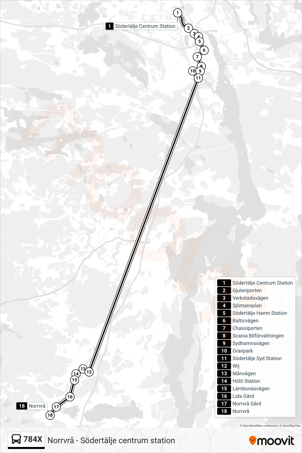 Rutt och hållplatser på karta för linje 784X buss, (Norrvrå)