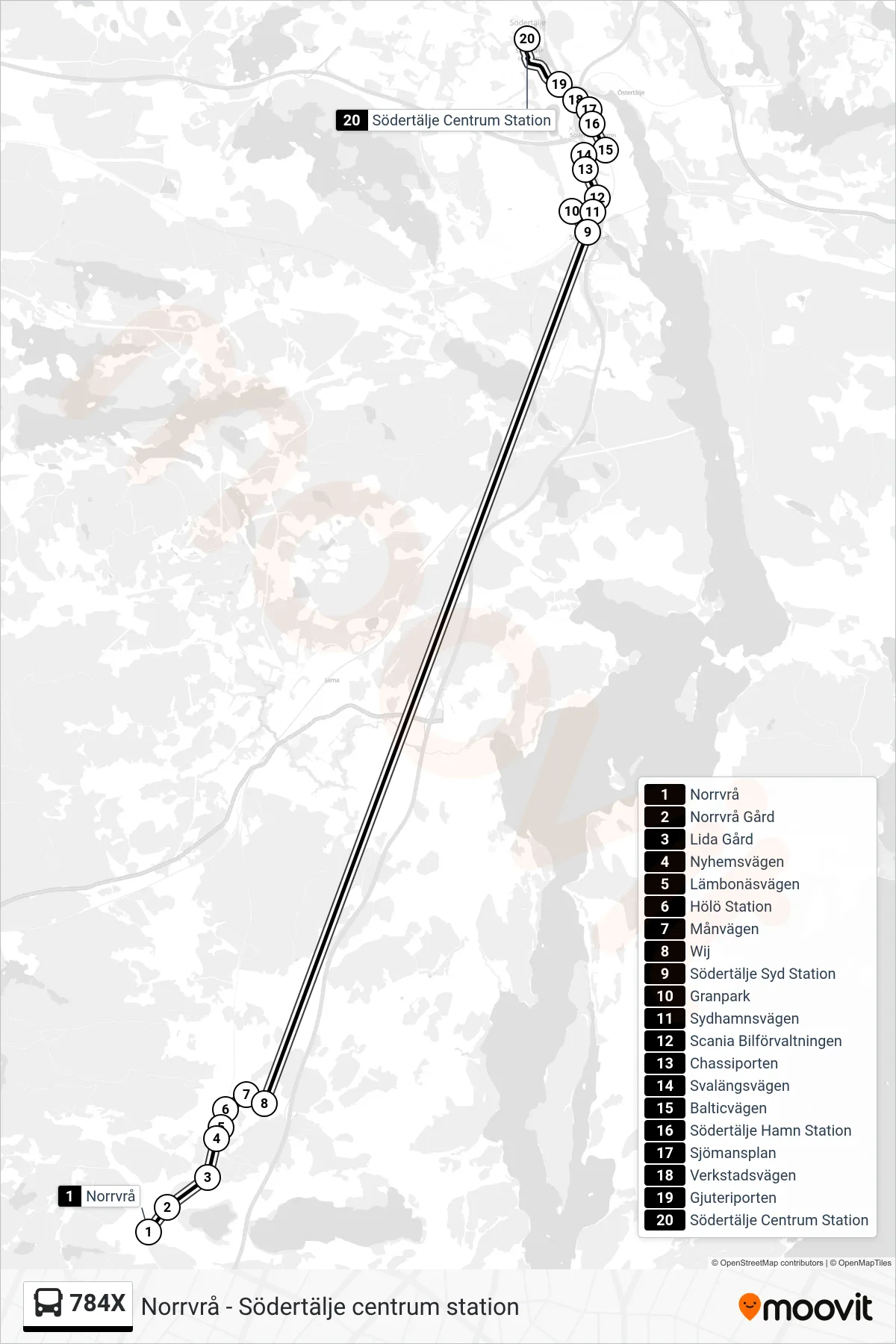 Rutt och hållplatser på karta för linje 784X  buss, (Södertälje Centrum Station)