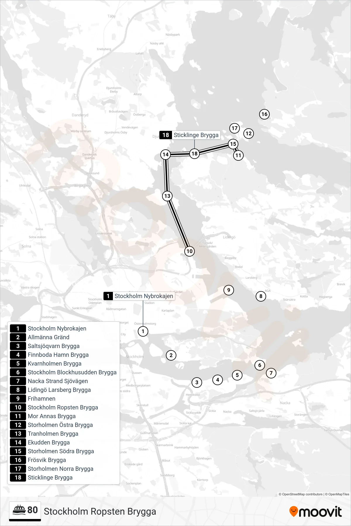 Rutt och hållplatser på karta för linje 80 färja, (Stockholm Ropsten Brygga)
