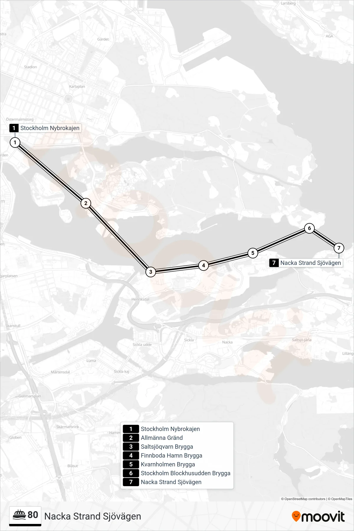 Rutt och hållplatser på karta för linje 80 färja, (Nacka Strand Sjövägen)