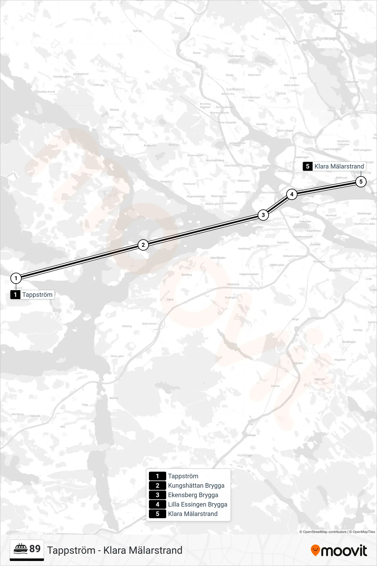 Rutt och hållplatser på karta för linje 89 färja, (Klara Mälarstrand)