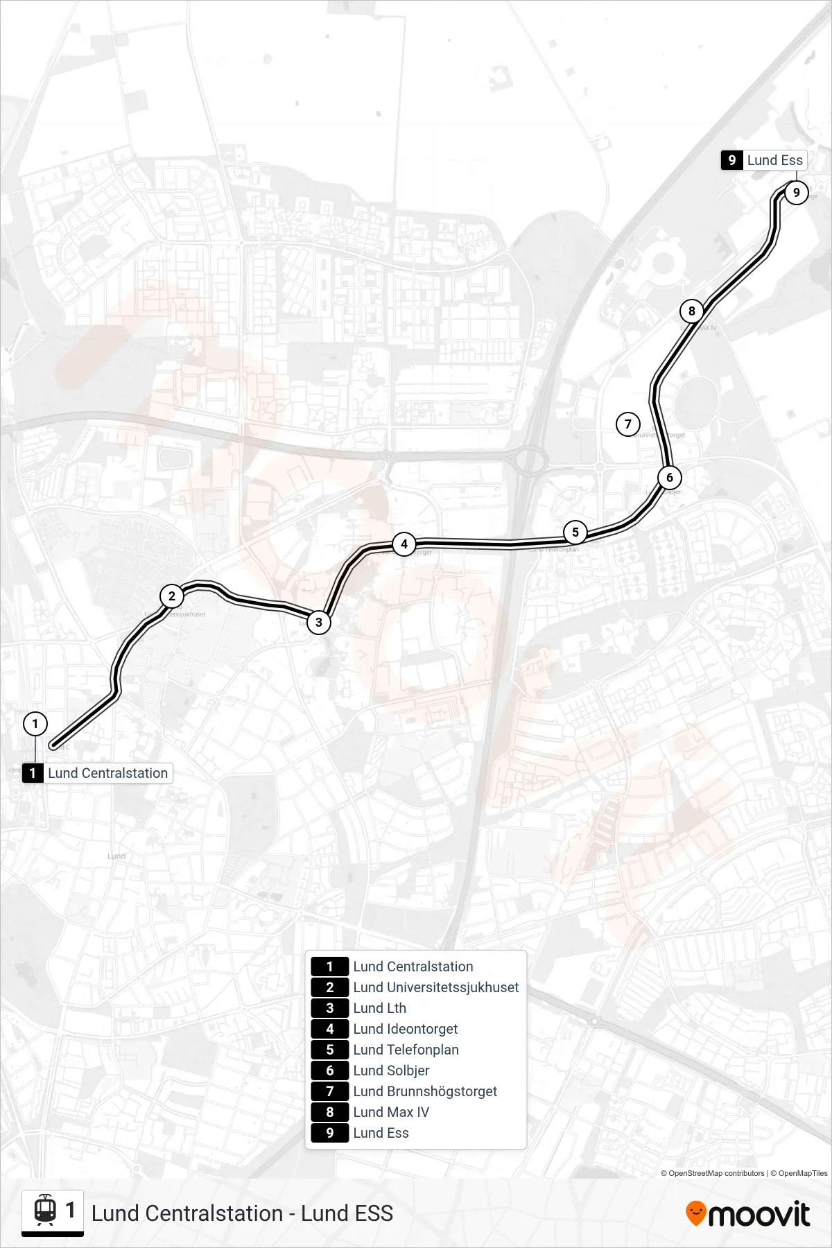 Rutt och hållplatser på karta för linje 1 spårvagn, (Lund Ess)