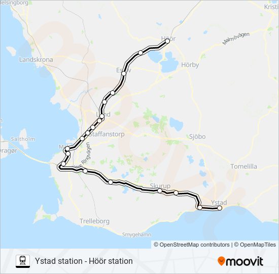 YSTAD STATION - HÖÖR STATION tåg Linje karta
