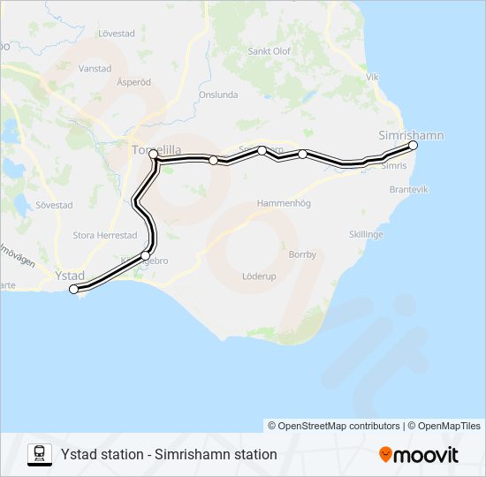 YSTAD STATION - SIMRISHAMN STATION tåg Linje karta