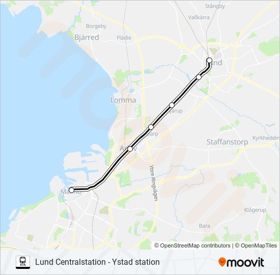 LUND CENTRALSTATION - YSTAD STATION tåg Linje karta