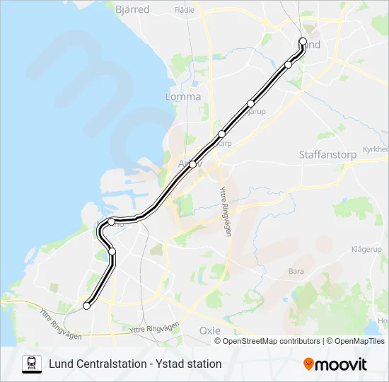 LUND CENTRALSTATION - YSTAD STATION Train Line Map