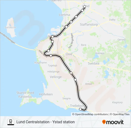 LUND CENTRALSTATION - YSTAD STATION Train Line Map