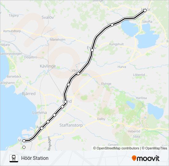 MALMÖ HYLLIE STATION - HÖÖR STATION tåg Linje karta