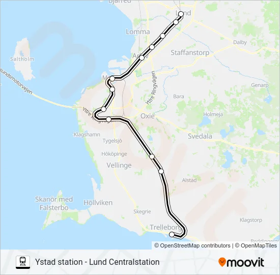 YSTAD STATION - LUND CENTRALSTATION Train Line Map