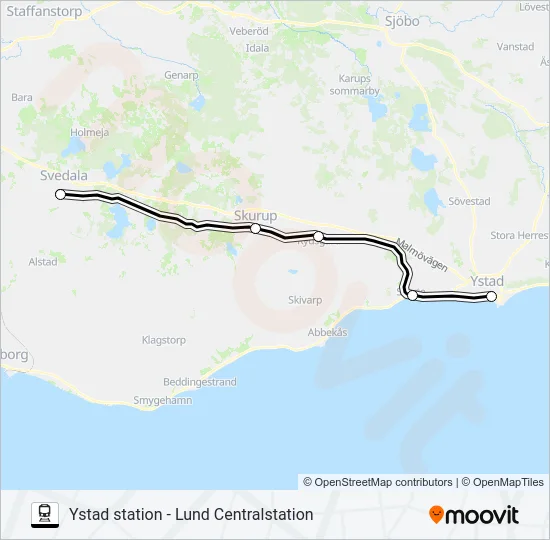 YSTAD STATION - LUND CENTRALSTATION Train Line Map