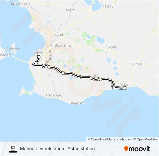 MALMÖ CENTRALSTATION - YSTAD STATION tåg Linje karta