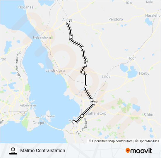 ÅSTORP STATION - MALMÖ HYLLIE STATION tåg Linje karta