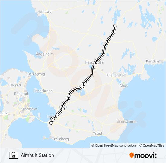 MALMÖ HYLLIE STATION - ÄLMHULT STATION tåg Linje karta