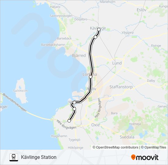 MALMÖ HYLLIE STATION - KÄVLINGE STATION tåg Linje karta
